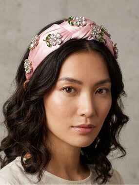 Fashion Embellished Pink Satin Headband with Crystal Flowers